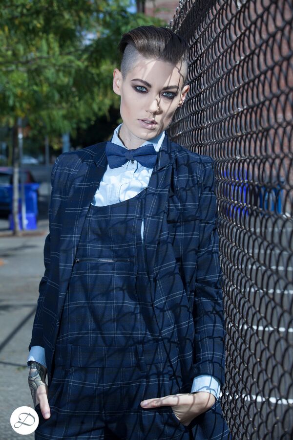 women suits, plaid suit, androgenous, mohawk hair, smokey eyes