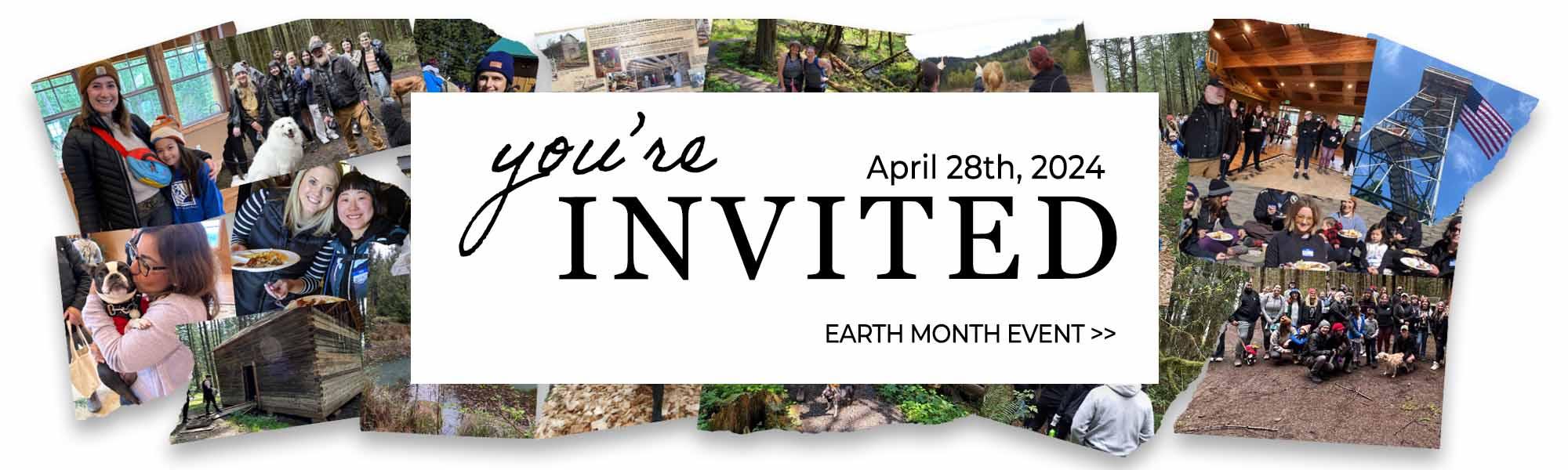 Image of an Earth Month Invite with the dosha team celebrating at hopkins demonstration forest