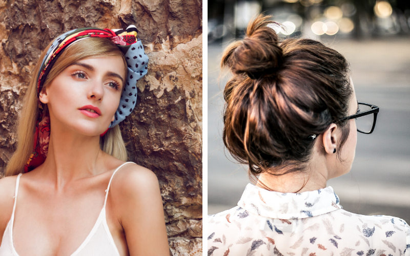 two different hairstyles for at home beauty tricks. One girl with a colorful head scarf and another with a high messy bun and glasses.