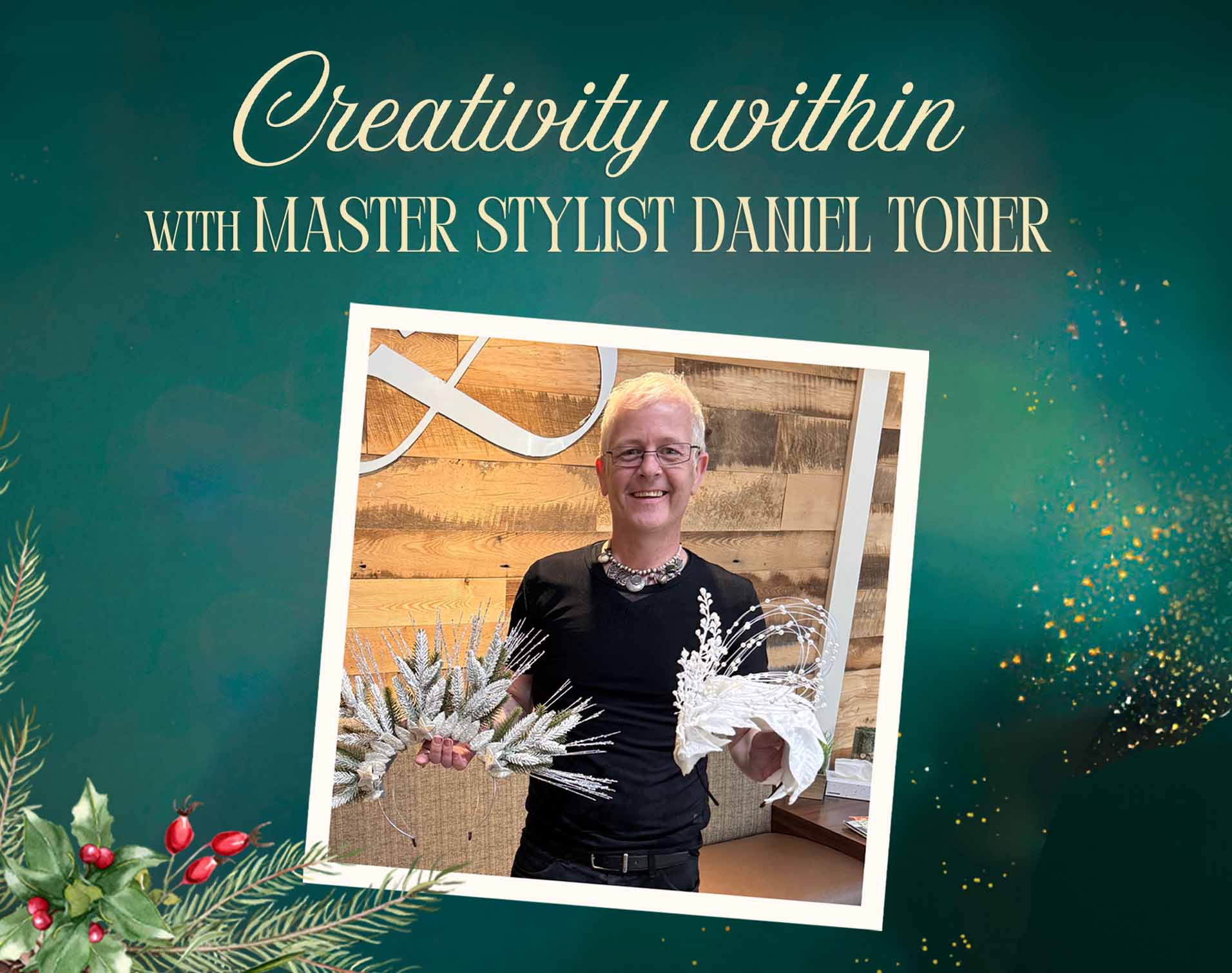 image of master stylist daniel toner with holiday crowns they made for the team holiday photoshoot